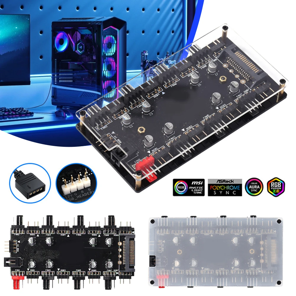 

12 В/4 контакта RGB 5 В/3 контакта ARGB вентилятор ШИМ-концентратор 1–8 Многосторонний разветвитель AURA Вентилятор-кулер Удлинительный кабель Адаптер контроллера скорости