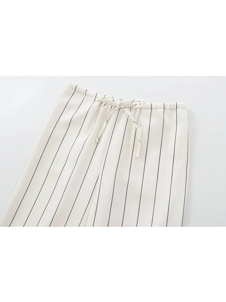 2 Pieces Women Striped Top Trousers Suit 2024 Fashion Ladies Pile Collar Backless Tops Drawstring Straight Pant Causal Outfits