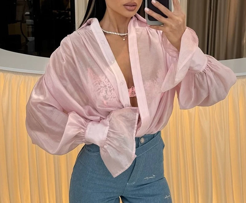

2025 Spring New Sweet Loose Turn Down Collar Lantern Sleeve Long Sleeve Blouse Women Top