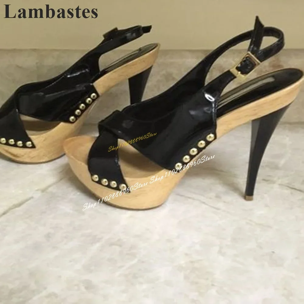 

Slingback Black Patent Leather Platform Sandals Spike Heel Shoes For Women Back Strap Open Toe 2024 Fashionable Zapatillas Mujer