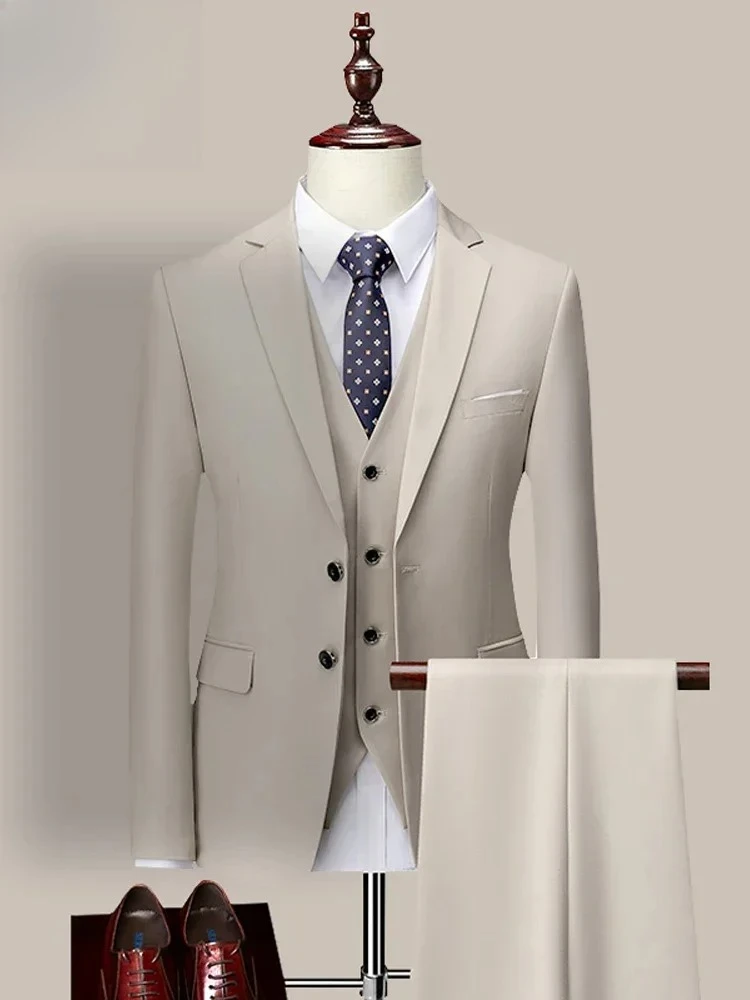 

14 Color M-6XL ( Jacket + Vest+Pants ) High-end Brand Formal Business Mens Suit Three-piece Groom Wedding Dress Solid Color Suit