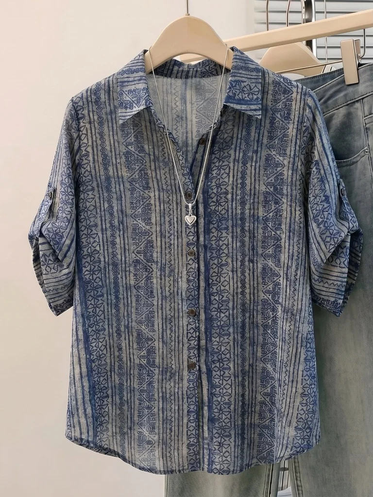 

Slim Fit Short Sleeve Shirt Women's Summer New Style Big Size Plump MM Apparent Thin Holiday Style Top Korean Version Loose