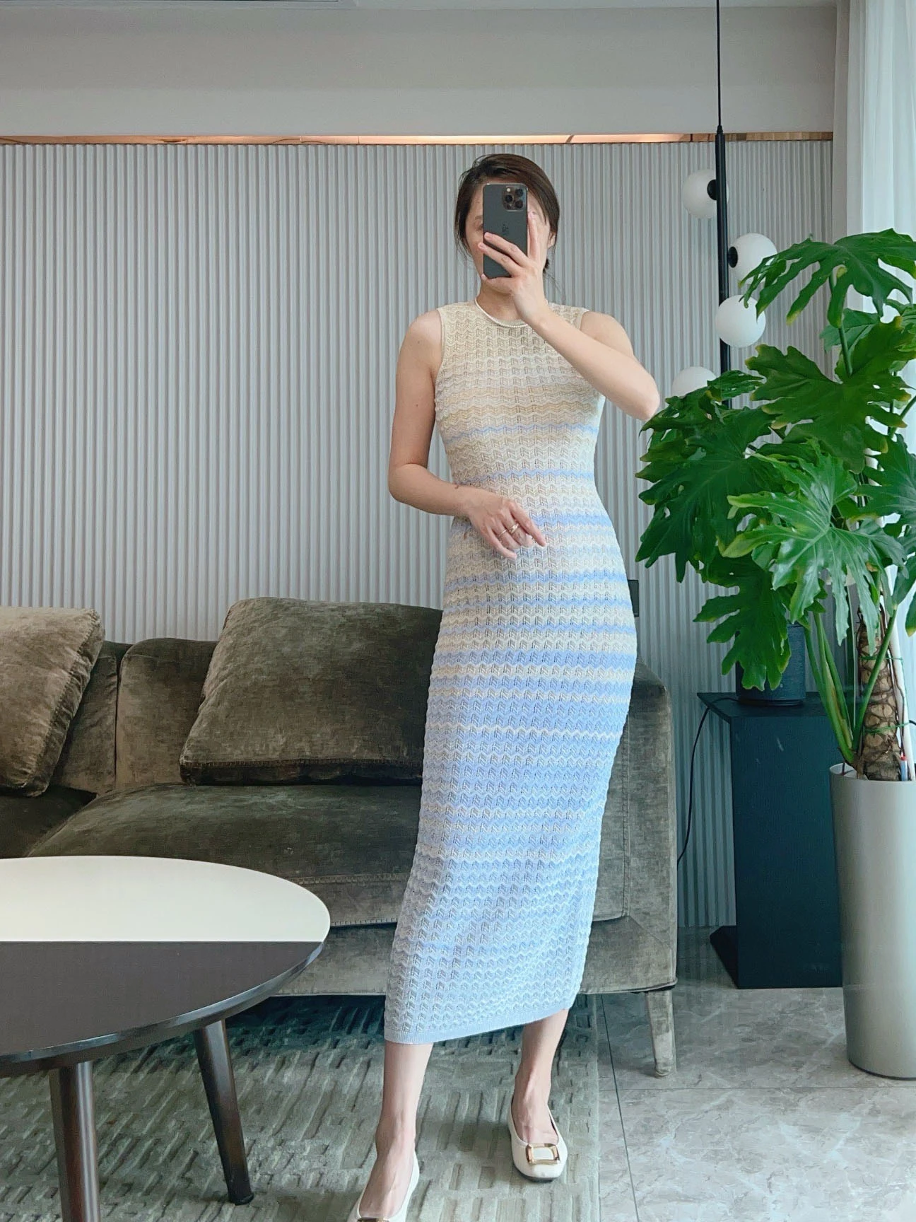 Gradient color wave striped long dresses temperament elegant elastic Slim round neck sleeveless package hip ladies dress