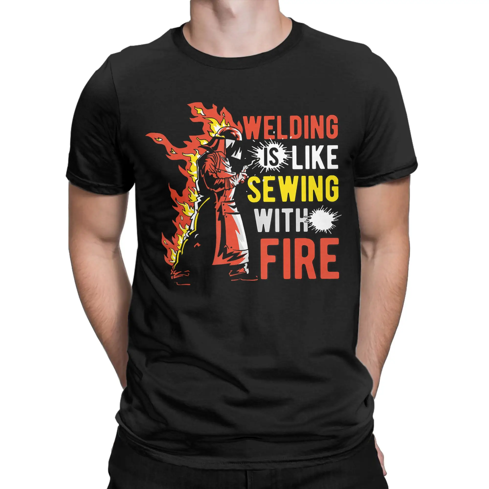 Vintage Welding is Like Sewing with Fire T-Shirt for Men O Neck Pure Cotton T Shirts  Short Sleeve Tee Shirt Unique Clothes