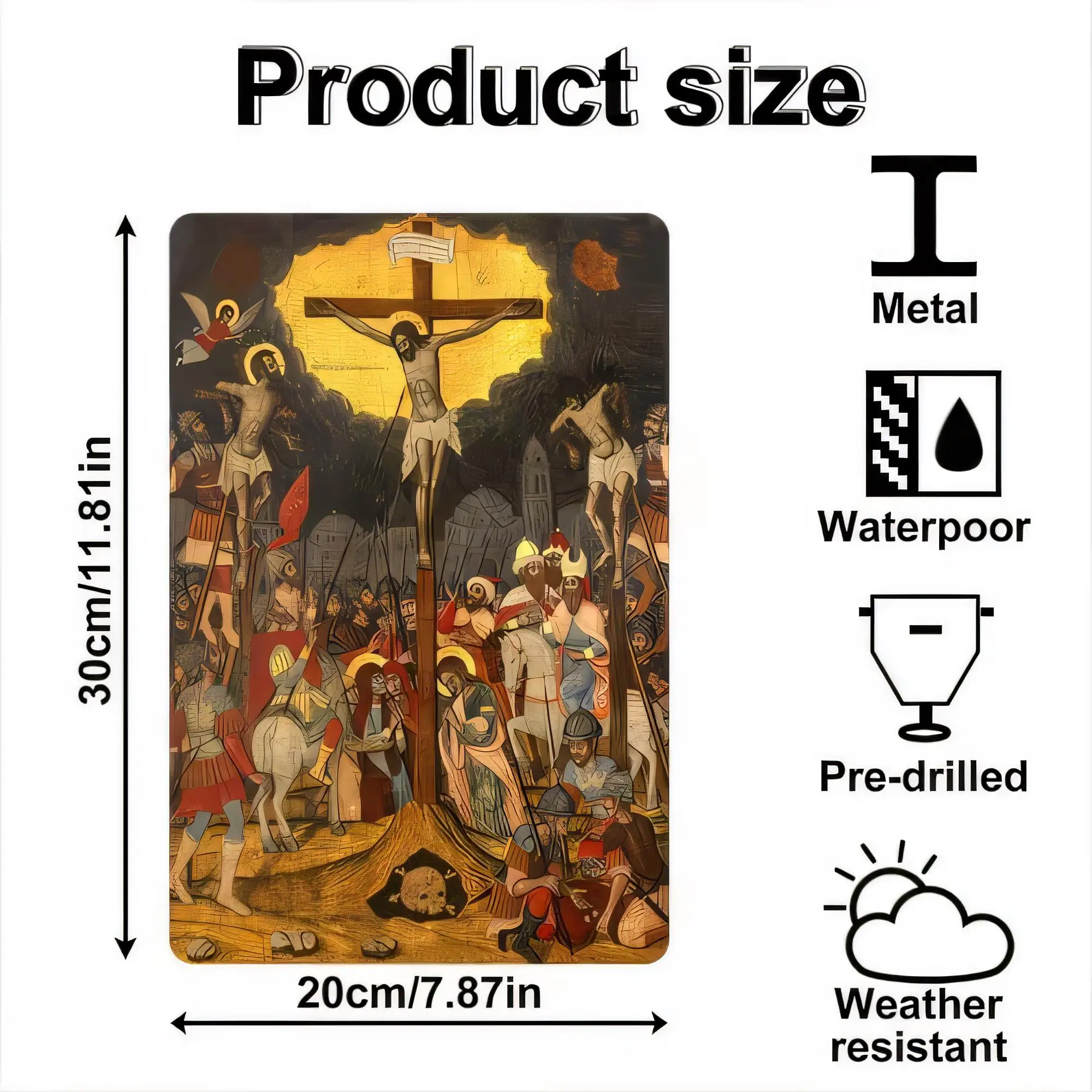 Tin Sign for Wall Decor,  Vintage Religious Jesus Cross Crucifixion Scene Metal Plaque, Waterproof Weather Resistant Pre Drilled