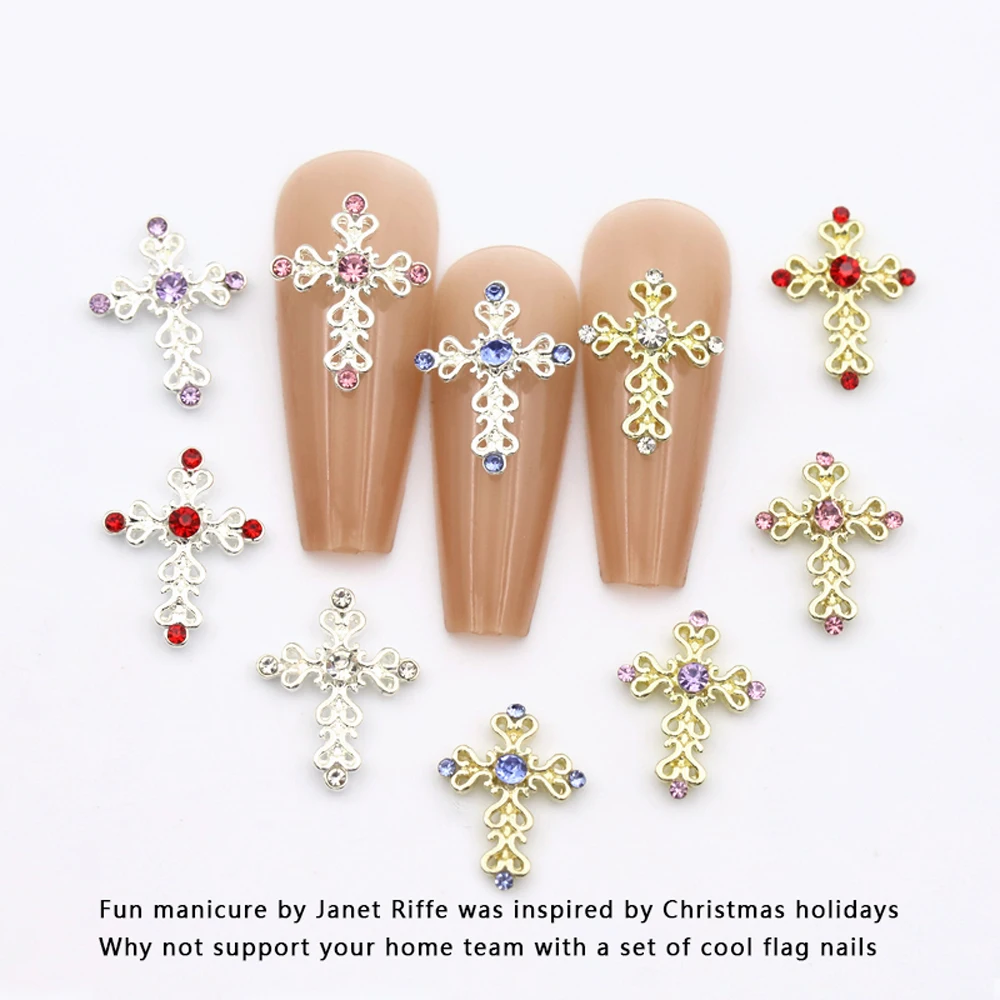 10Pcs Hollow Heart Cross Nail Art Charm 3D Alloy Europe Style Rhinestone Crystal Cross Nail Decoration Diamond DIY Nail Supplies