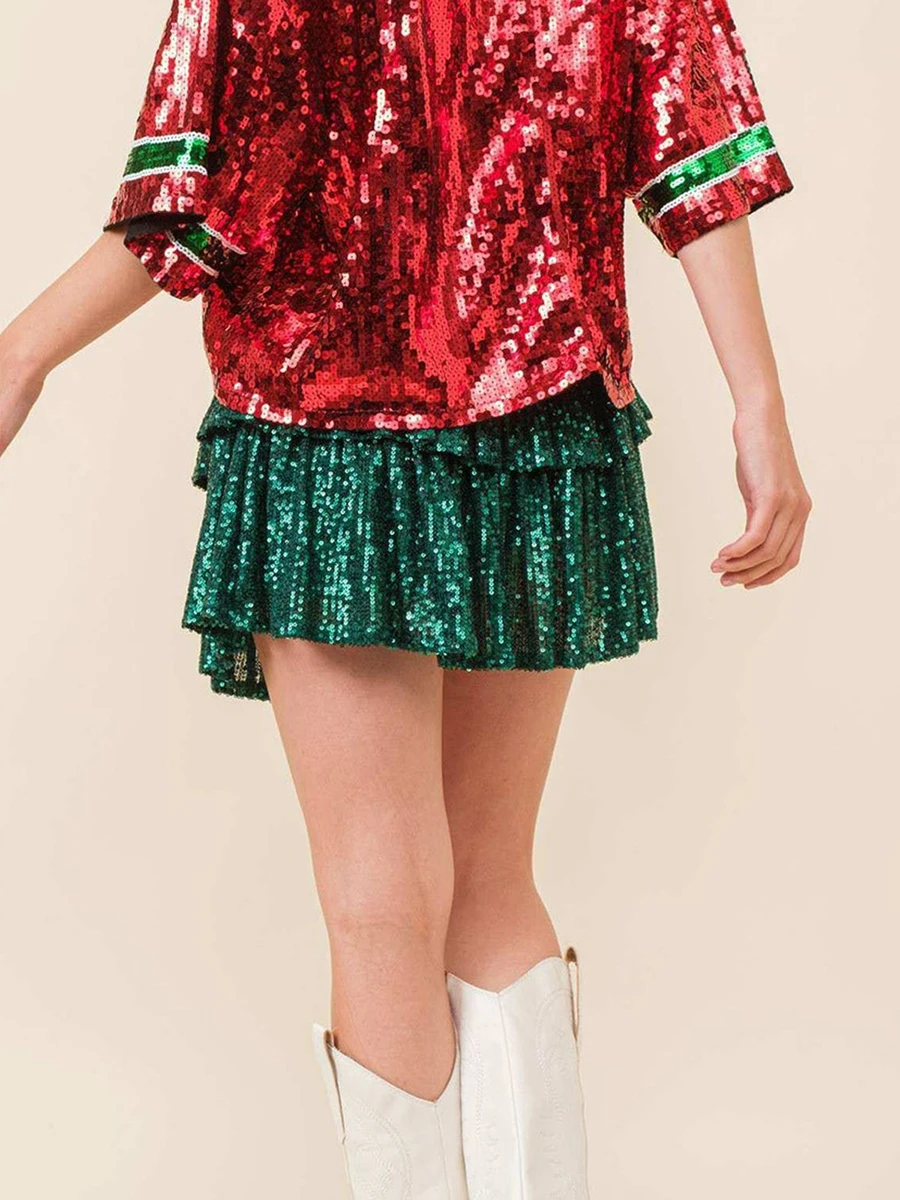 Summer New Women Mini Skirt Casual Sparkling Sequins Elastic A-Line Skirt Female Beach Vacation Club Streetwear