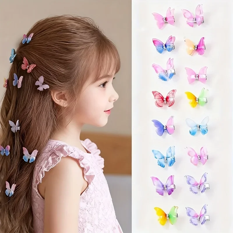 8/12 pieces, colors vary. Women’s gradient double-layered butterfly hair clips. Cute, princess-themed daily accessory set.