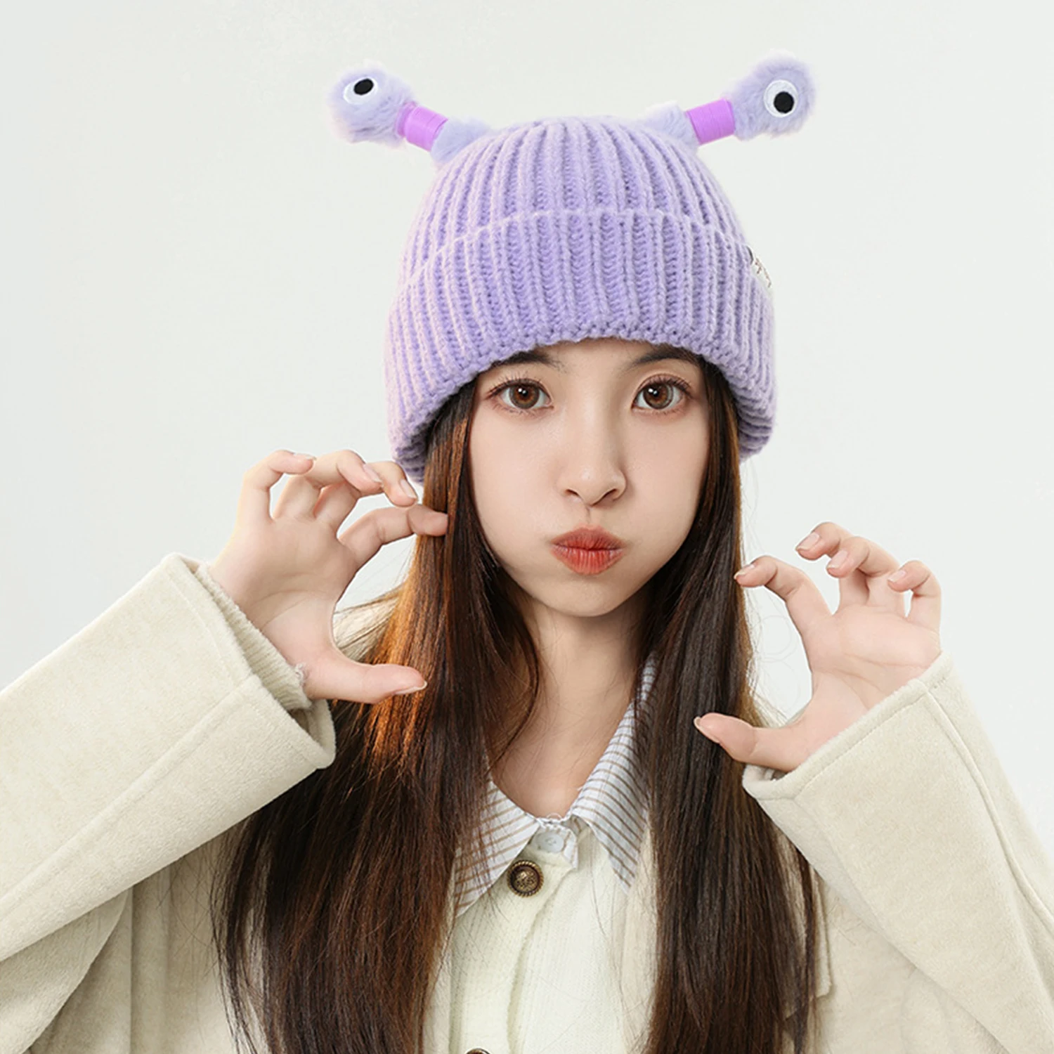 Cute Cartoon Antenna Winter Warm Funny Knitted Woolen Hat Luminous Led Light Little Monster Eyes Hat Beanie For Women Girls