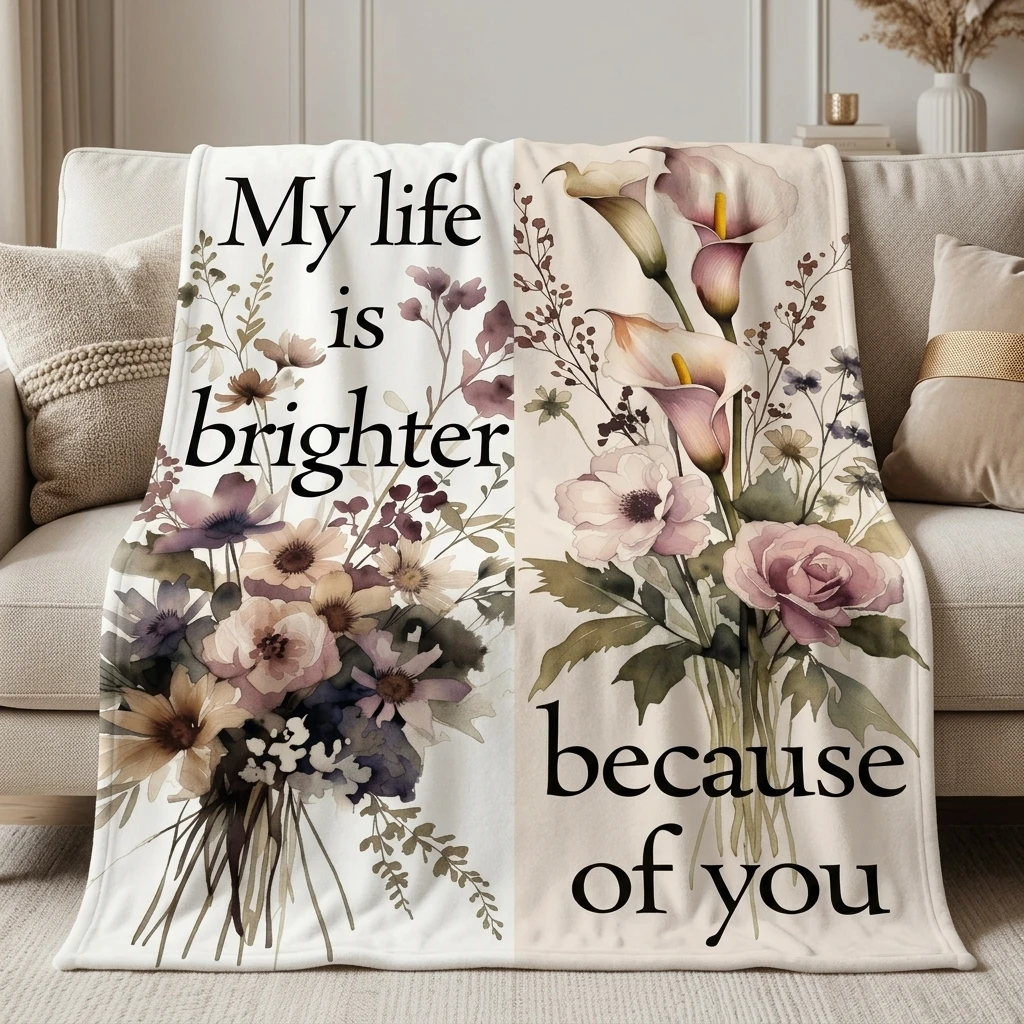 Dusty Purple & Beige Floral Bouquet Flannel Throw Blanket, Cozy Romantic Quote Blanket for Bedroom & Living Room