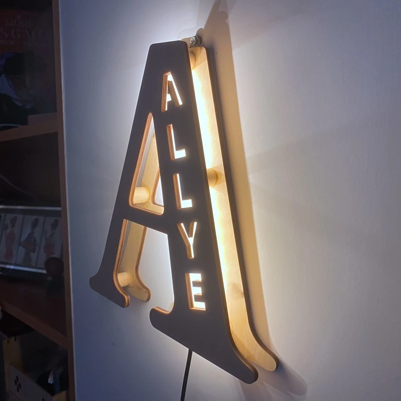 Personalized Name Alphabet Decoration Wood Night Light Bedside Lamp LED Wall Lamp Letter Hollow Initial Ornament for Kids