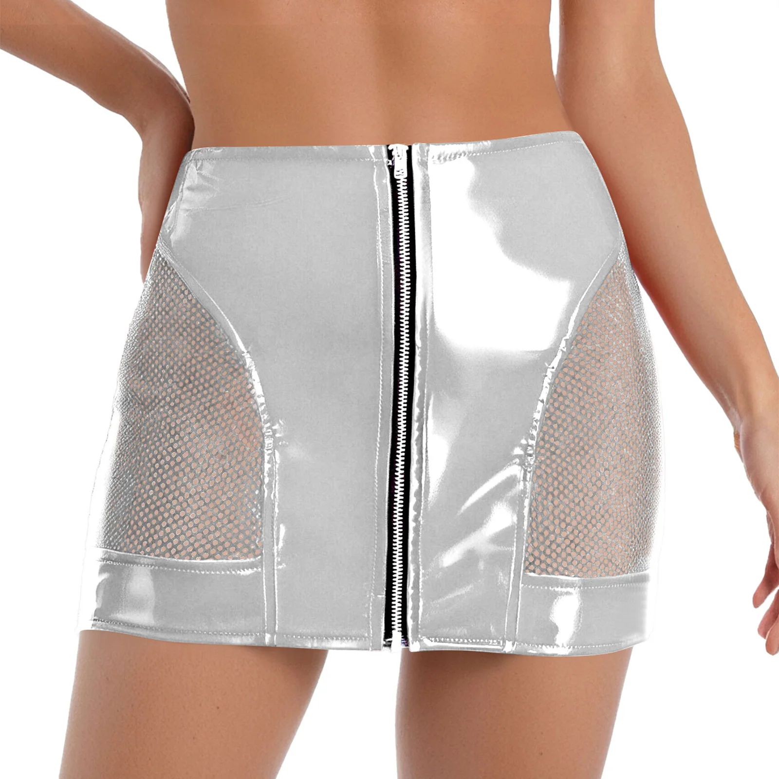 Womens Glossy PU Leather Latex Miniskirt Side Sheer Mesh Front Zipper High Waist Wet Look Bodycon Skirt Rave Party Clubwear