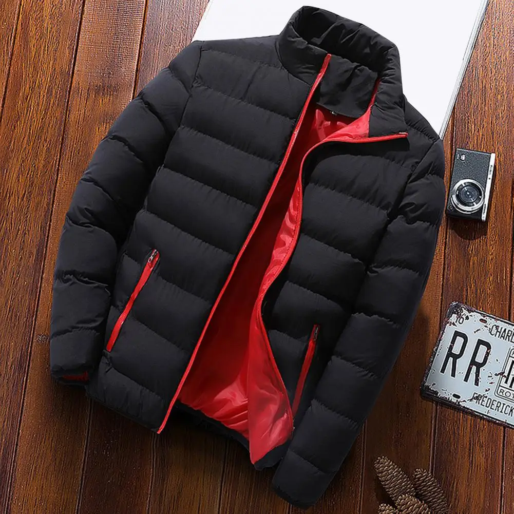 Outdoor Sports Coat Men's Stand Collar Baseball Jacket with Full Zipper Closure Pockets Solid Color Winter Coat for Outdoor