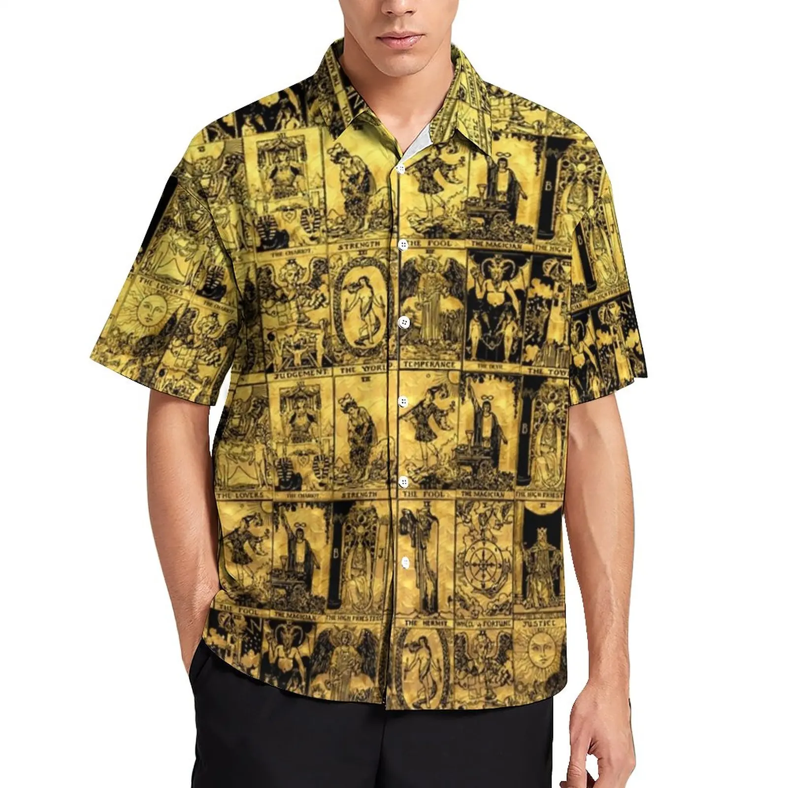 Gold And Black Tarot Beach Shirt Major Arcana Print Summer Casual Shirts Men Harajuku Blouses Short-Sleeve Tops Plus Size 4XL