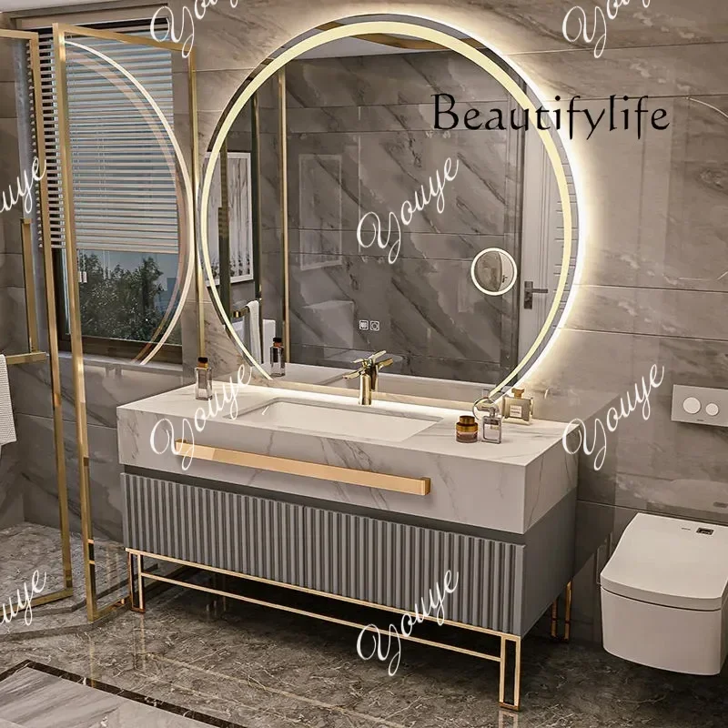 

J Bathroom Cabinet Single/Double Sink Bathrooms Vanity Luxury Combination Rock Slab Smart LED Light Cabinet Bathroom Furniture