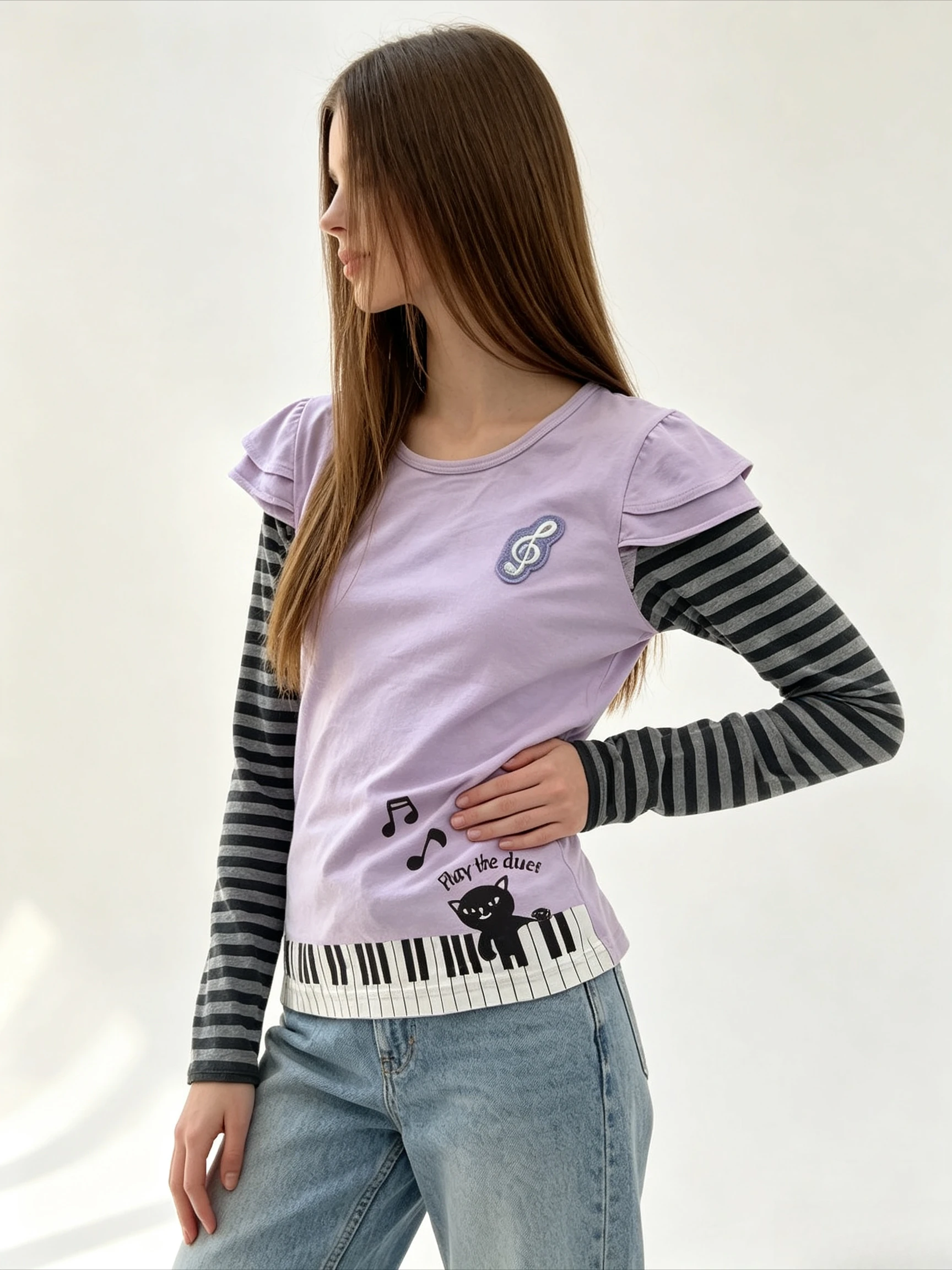 Striped Sleeve Layered Look Long Sleeve Shirt Round Neck Cat And Piano Keyboard Graphic Music Theme Cute Daily Top