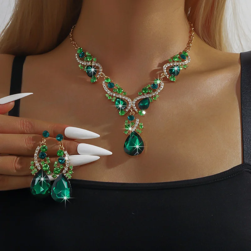 

European and American Cross-Border Direct Source Wholesale Alloy Rhinestone Set Necklace Earrings Two-Piece Wedding Jewelry Acce