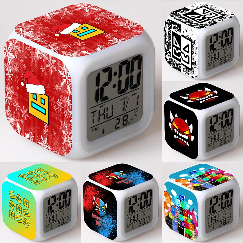 Relojes de alarma de tablero de geometría Angry para niños, relojes de escritorio de dibujos animados de Anime, reloj Digital Led con termómetro de fecha, regalos de cumpleaños para niños