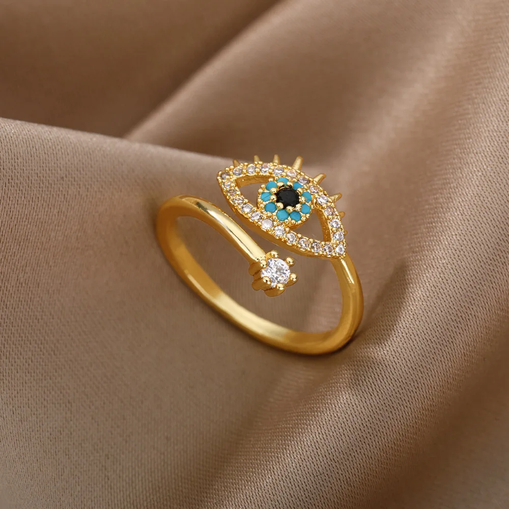 Zircon Evil Eye Rings For Women Gold Color Stainless Steel Evil Eye Finger Ring Lucky Turkish Wedding Waterproof Jewelry Gift view 3