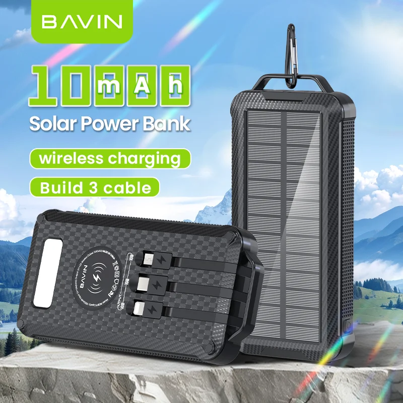 BAVIN المحمولة قوة البنك PC1117 10000mah ليثيوم بوليمر لوحات البطارية السفر شحن سريع بنك الطاقة الشمسية مع كابل إضاءة LED