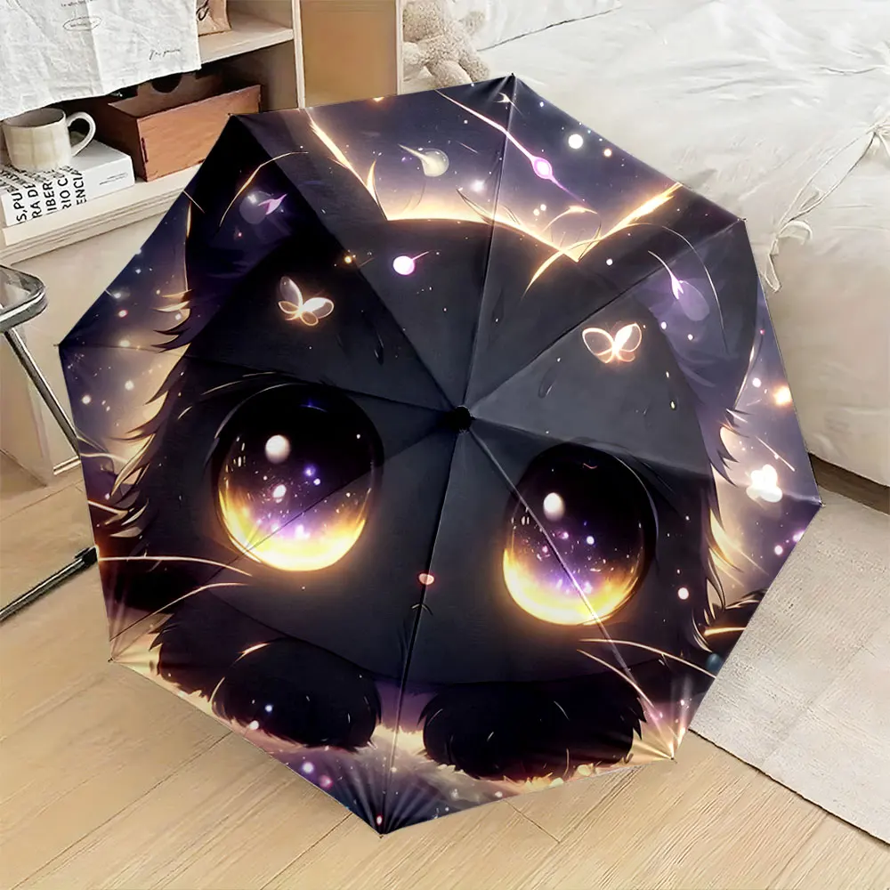 1PC Cute Black Cat-themed Umbrella with Starry Patterns Print 8 Iron Ribs Folding Umbrella Auto-Open Fashion Sunshade