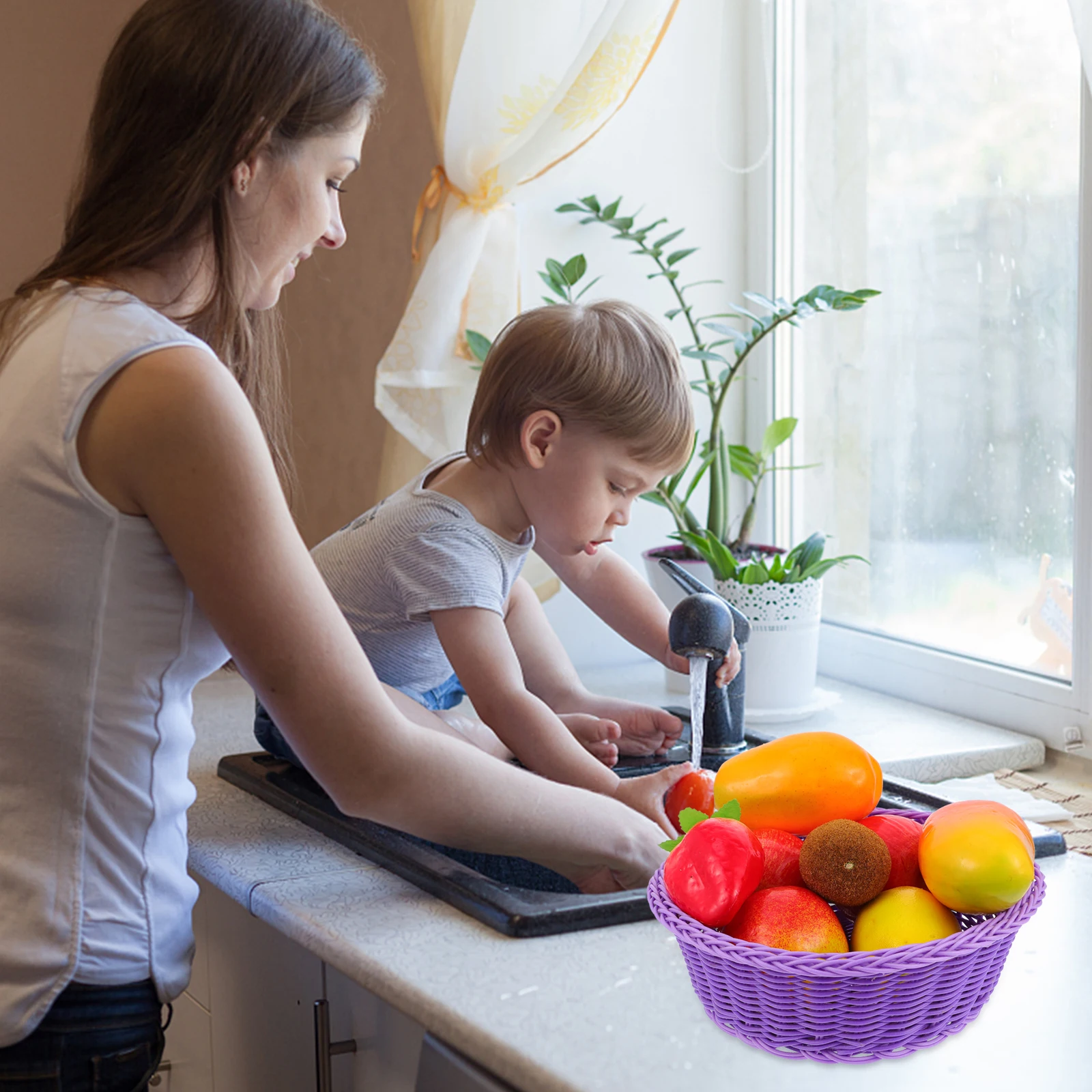 1 قطعة البلاستيك الروطان سلة مغزولة تقليد الروطان تصميم الفاكهة الخبز تخزين الحاويات للمنزل المطبخ مكتب المخابز #6