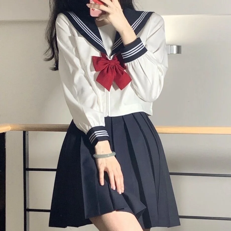 Japanse School Uniform Meisjes Plus Size Jk Pak Rode Stropdas Wit Drie Basic Matroos Uniform Vrouwen Lange Mouw Pak