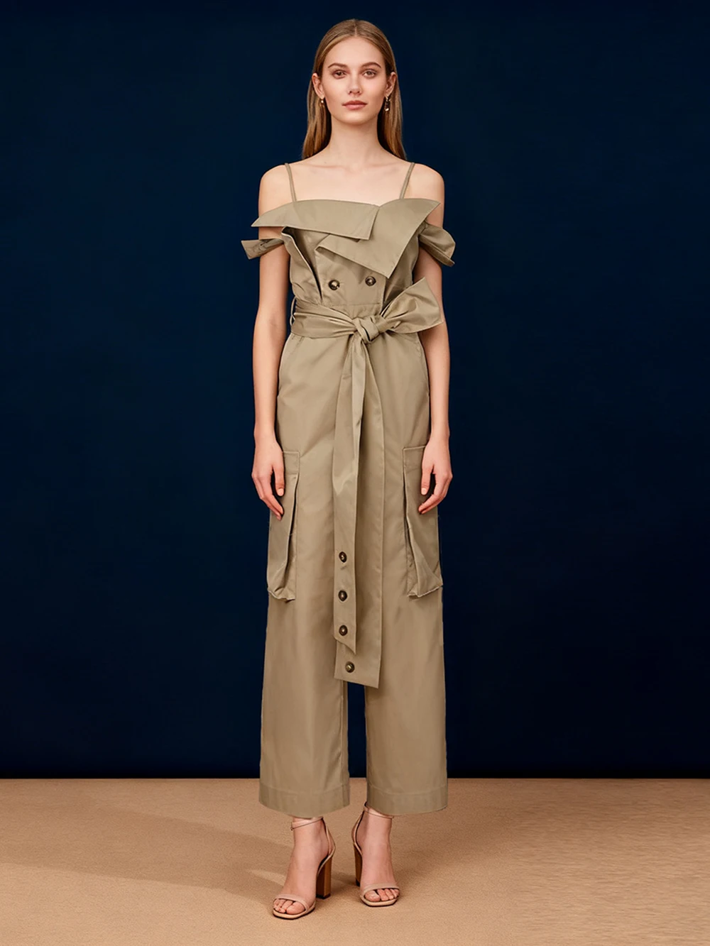 الكاكي حزام الخصر الخصر Cinching ملابس العمل جيب أكمام الحمالة بذلة 2025 شتاء جديد الملابس النسائية