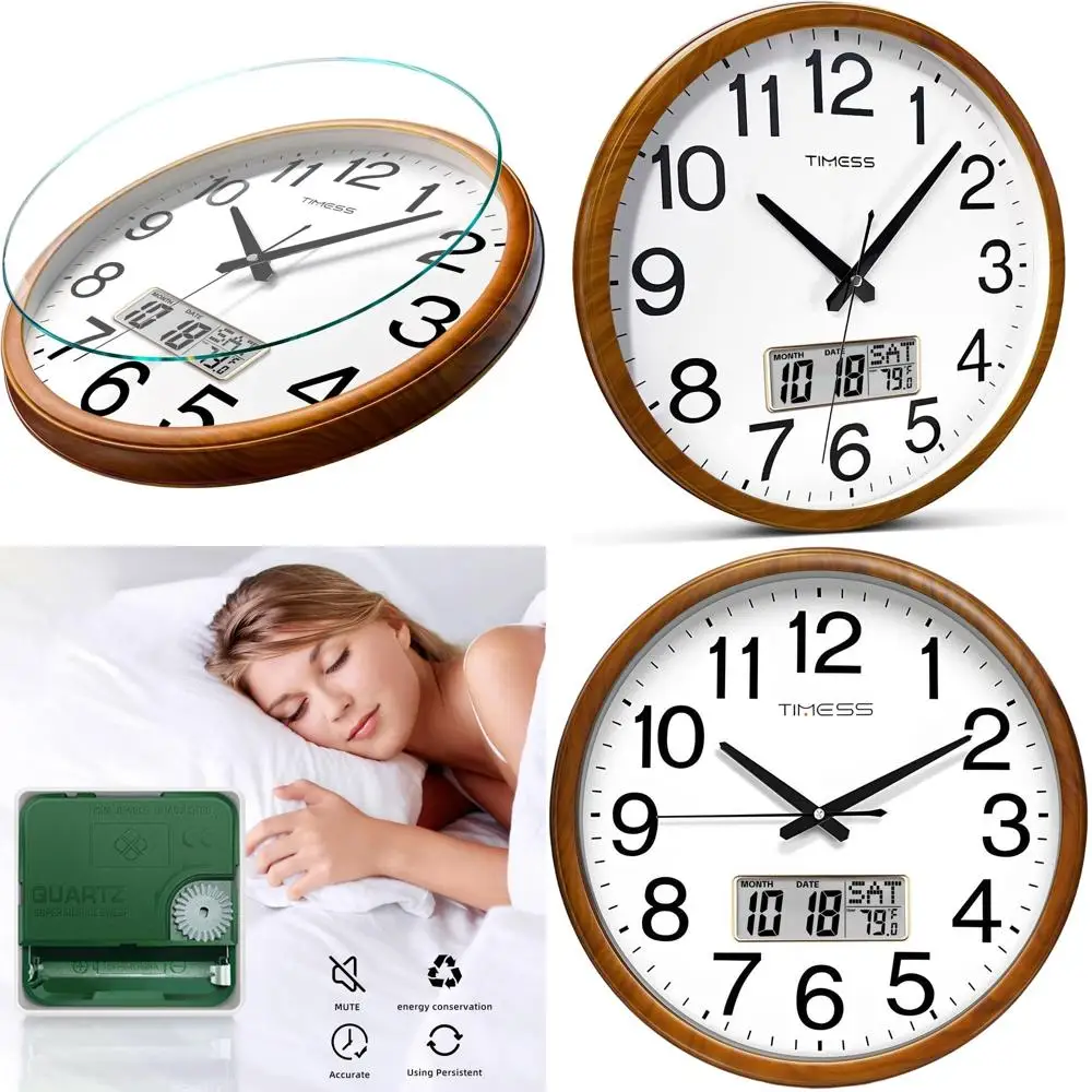 

16-Inch Wooden Silent Battery-Powered Analog Clock with Calendar and Temperature Display for Home and Office