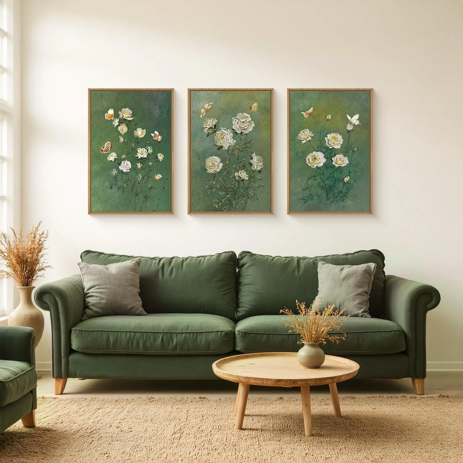 

3pcs Retro White Rose Canvas Wall Art, Green Natural Flower Butterfly Wall Paintings for Living Room Dining Room Home Decoration