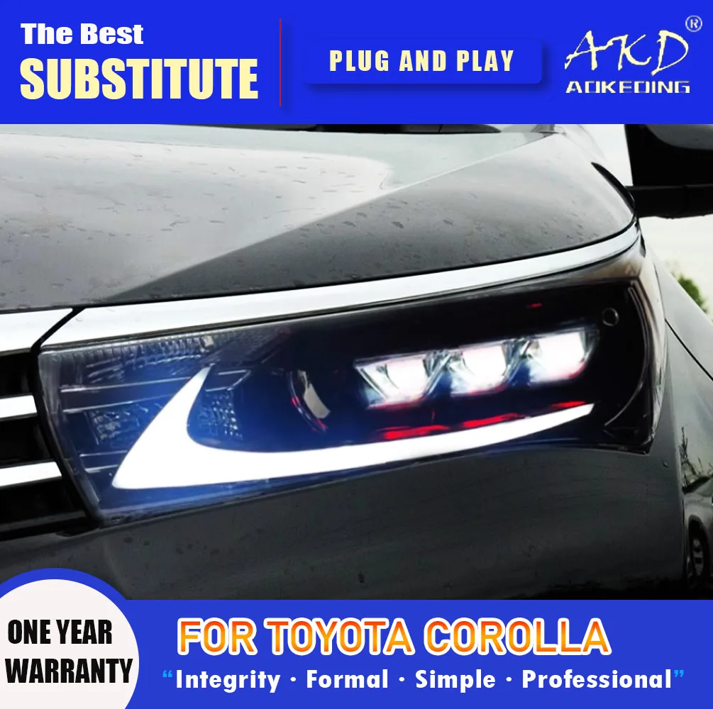 

Фара AKD для Toyota Corolla, светодиодная фара 2014-2018, фары Altis DRL, указатель поворота, дальний свет, линза проектора «ангельский глаз»