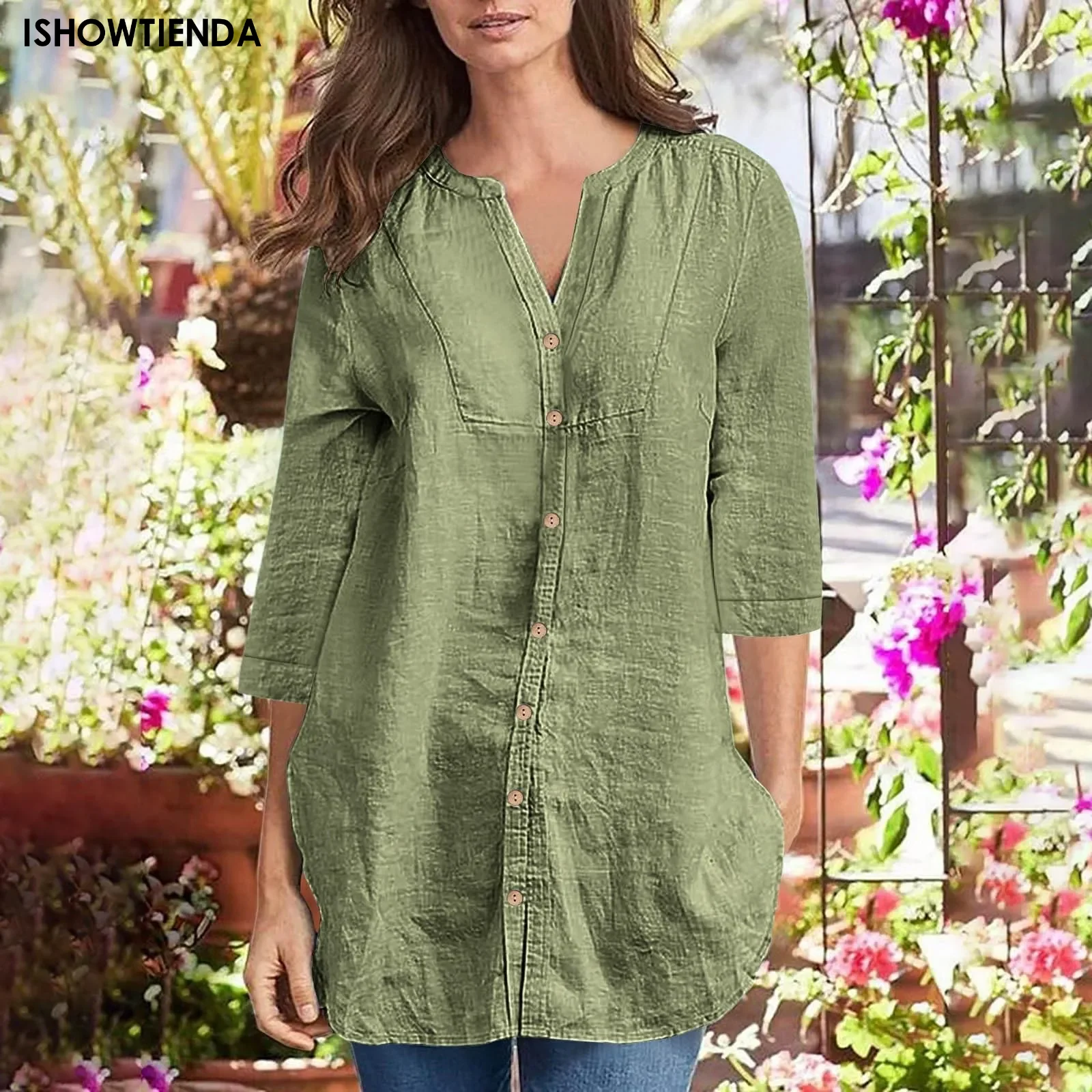 Spring Shirt Summer Women's Shirt Loose Casual Solid Colour Cotton Linen Medium Long Shirt Fashion V Neck Single Button Blouse