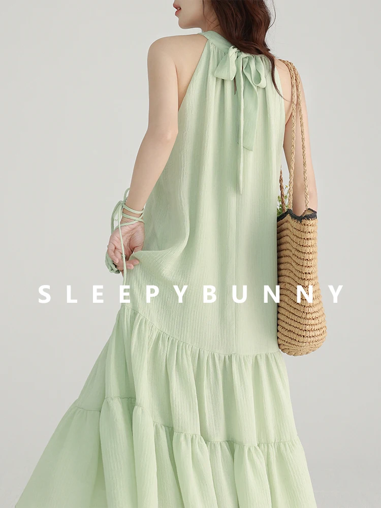 Feminino francês vintage halter pescoço vestido sem mangas fora do ombro solto ajuste em camadas maxi vestido para o verão chique fluindo vestido longo