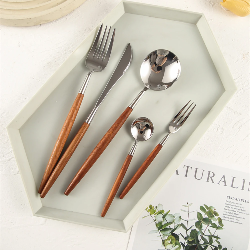 Saliaya Super Quality 18/10 Stainless Steel Knife Fork Party Cutlery Set Silver Dinnerware Set Nature Wood Handle Flatware