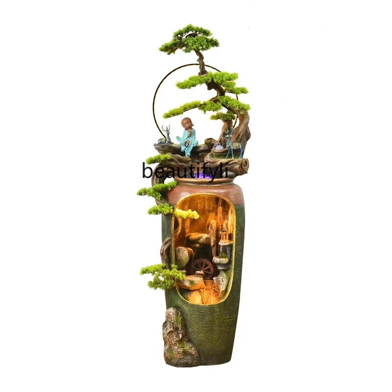 Chinese welcome pine, flowing water fountain to attract wealth and make money ornament, indoor living room decoration