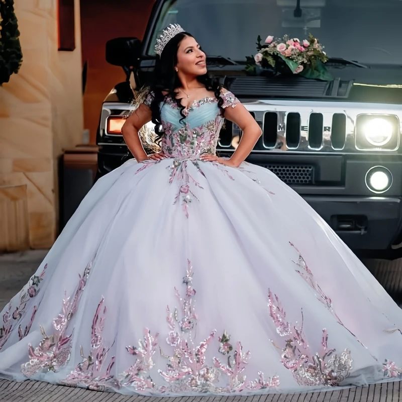 

Customized light green Light pink lining Off Shoulder Quinceanera Dres Tull sequin applique beads Trailing vestidos de 15 Quince