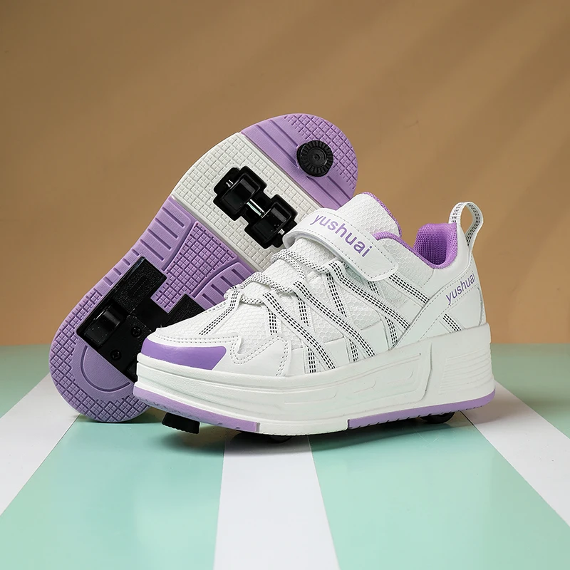 Boys Girls Roller Shoes Fashion With 4 Wheels Semi Professional Children Parkour Deformation Pulleys Running School Skate Shoes