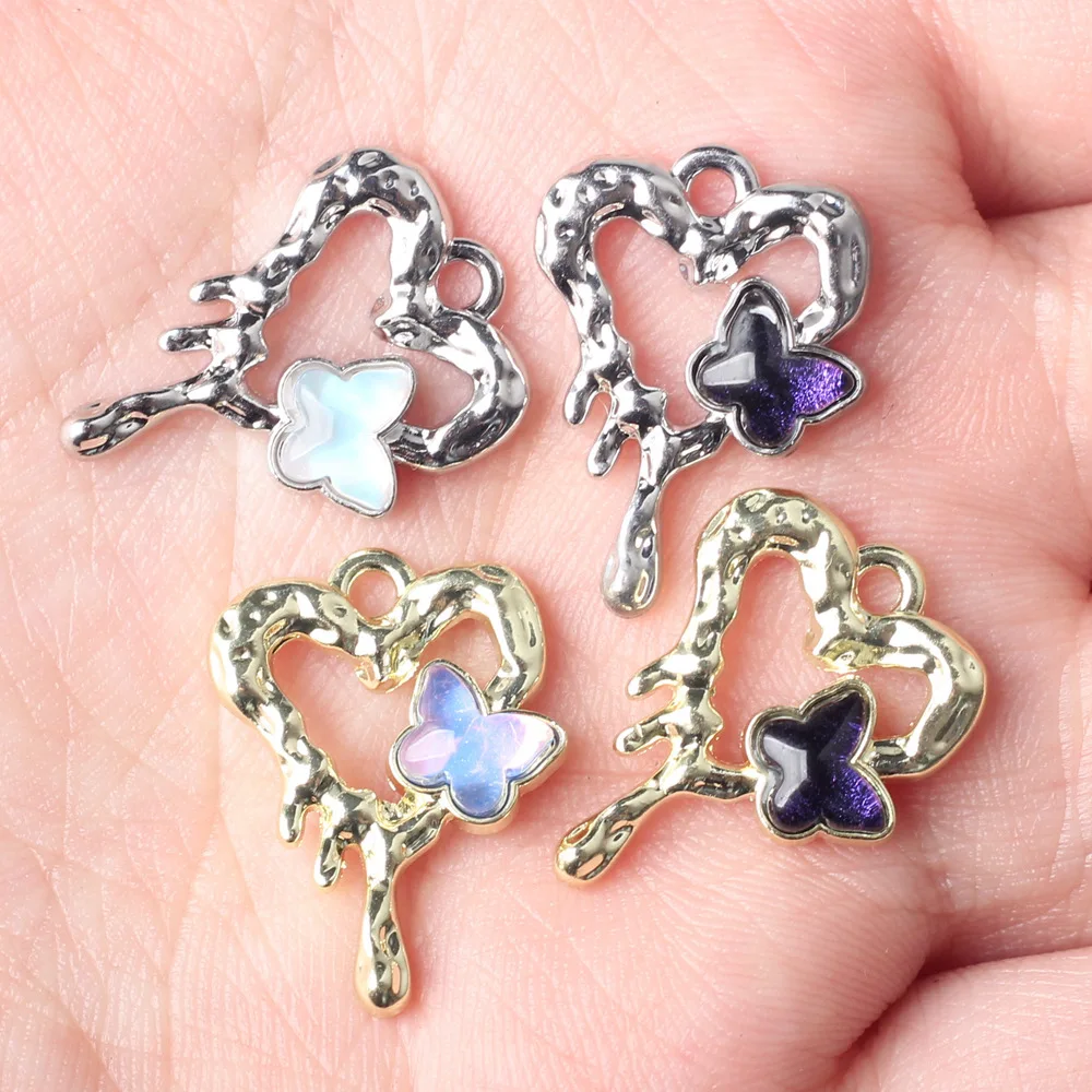 10pcs Alloy Heart Inlay Butterfly Charms Pendant Earring Necklace Bracelet Jewelry Making DIY Handmade Ornaments Accessories