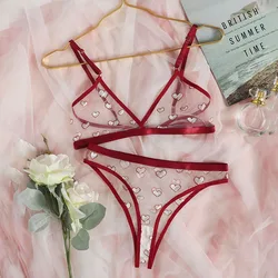 Conjunto de sujetador Sexy con estampado de corazón para mujer, lencería erótica con anillo conectado, ropa interior de 2 piezas, Bralette transparente de malla