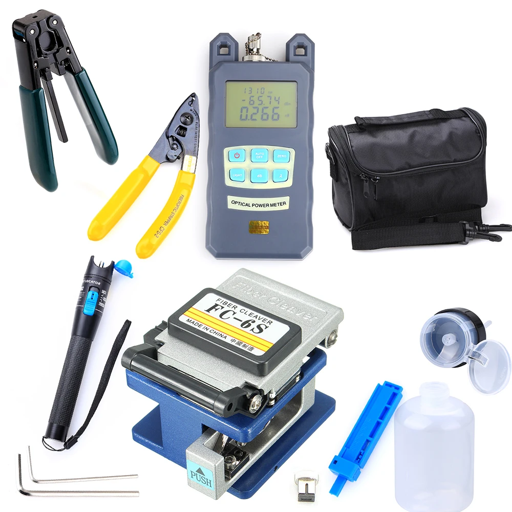 Power Meter Device with Stripping Machine 10 in 1 Fibre Optic FTTH Tool Kit FC-6S Fibre Cleaver and Optical