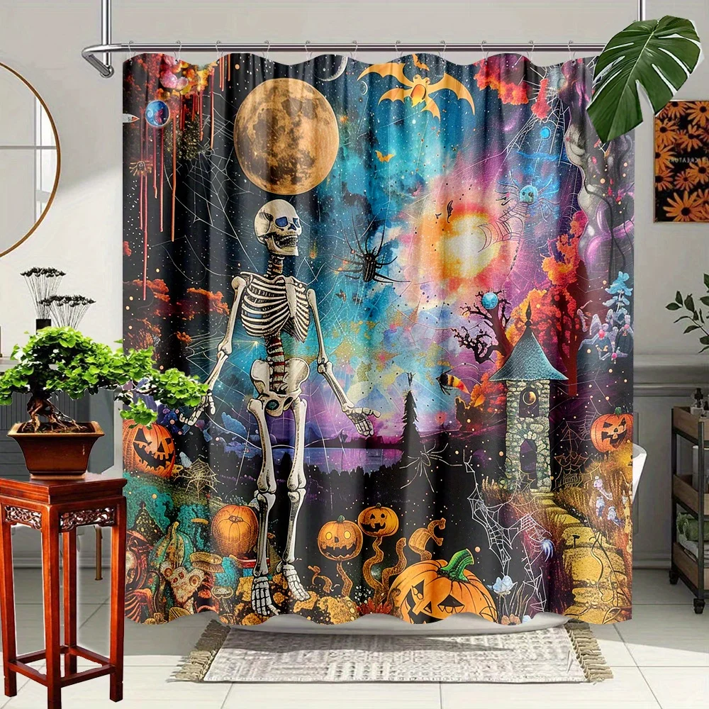 

Halloween Skeleton & Pumpkin Shower Curtain - Spooky Castle & Moonlit Night, Washable Polyester, 12 Hooks, Bath/Yard Decor