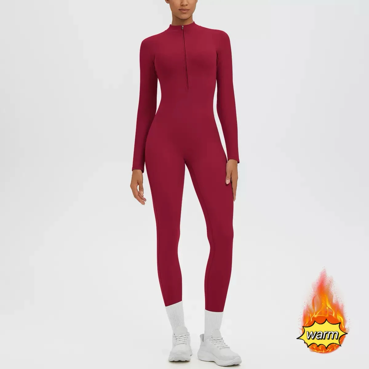 Women Fleece Lined Zip Long Sleeve Yoga Jumpsuit High Waist Tummy Control Fitness Bodysuit Warm Stretch Gym Workout Romper