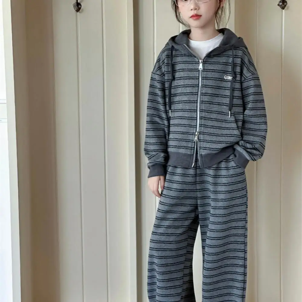 

Kawaii Girl Fashion Hooded Zip-Up Jacket Pants Set Student Autumn Cartoon Casual Tops Long Pants 2-Piece Set Children's Clothing