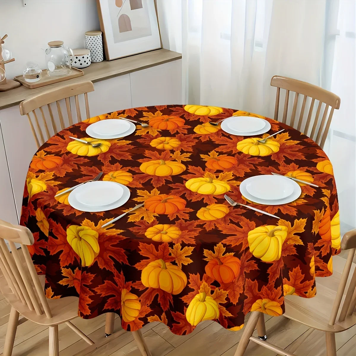 1pc Thanksgiving tablecloth - Round rectangular autumn decoration, featuring maple leaves and pumpkins - Durablexzj