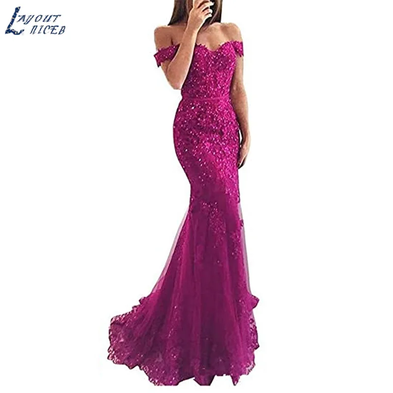 NICEB-Vestido largo De noche De sirena con hombros descubiertos para mujer, traje Formal con apliques De encaje, diseño Sirenas de hombros vestido de noche Dama larga vestido de estiramiento vestido de noche de Longue