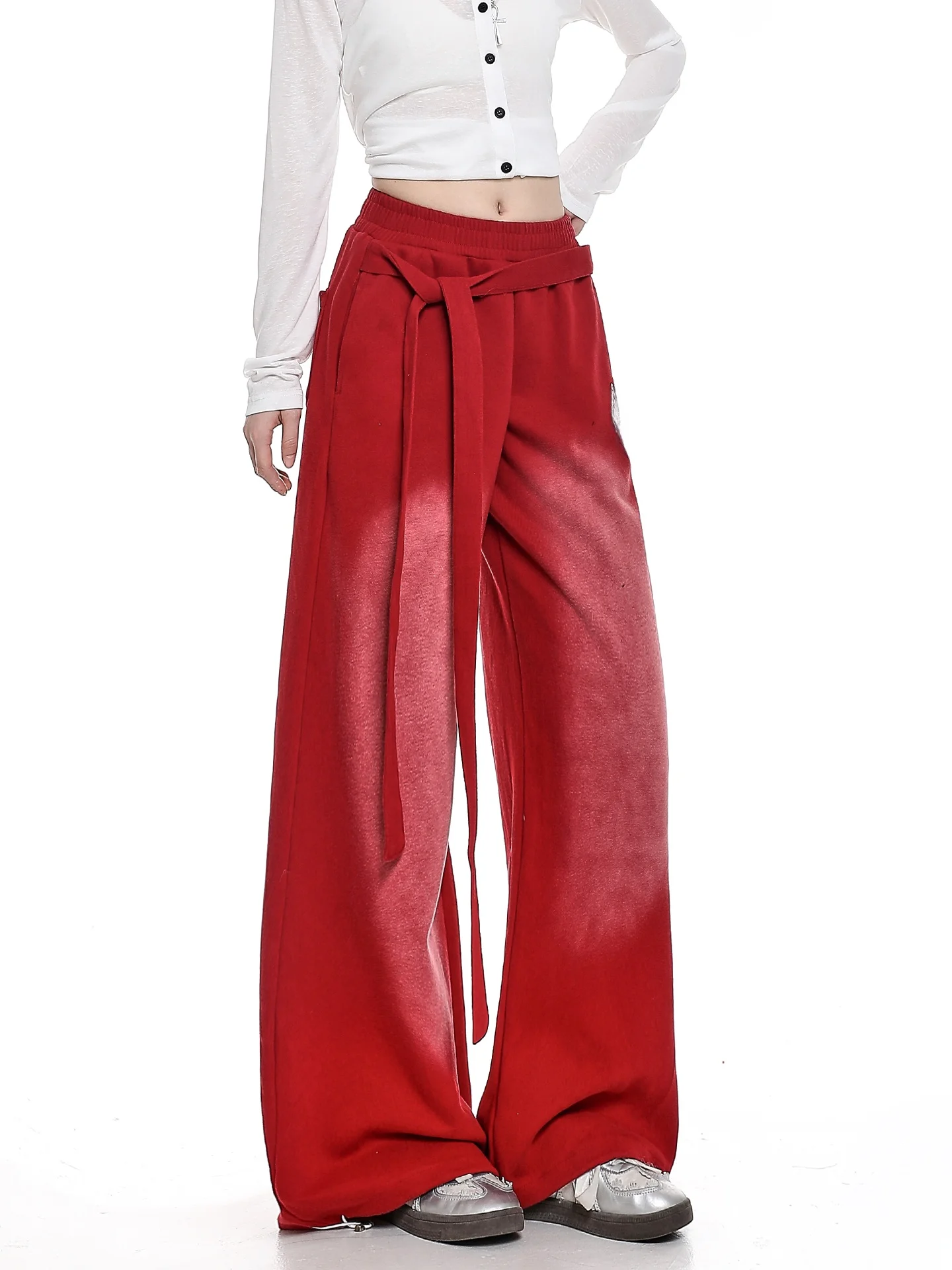 Retro American Washed Gradient Design Jazz Dance Wide Leg Sweatpants Women Loose All-Match Sports Casual Pants High Waist Ela...