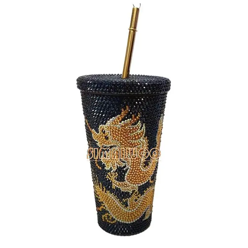 Dragon Phoenix Bling-bling Crystal Straw Cup Stainless Steel Vaccum Handcraft Rhinestone Art Chinese Style Wedding DIY Gift