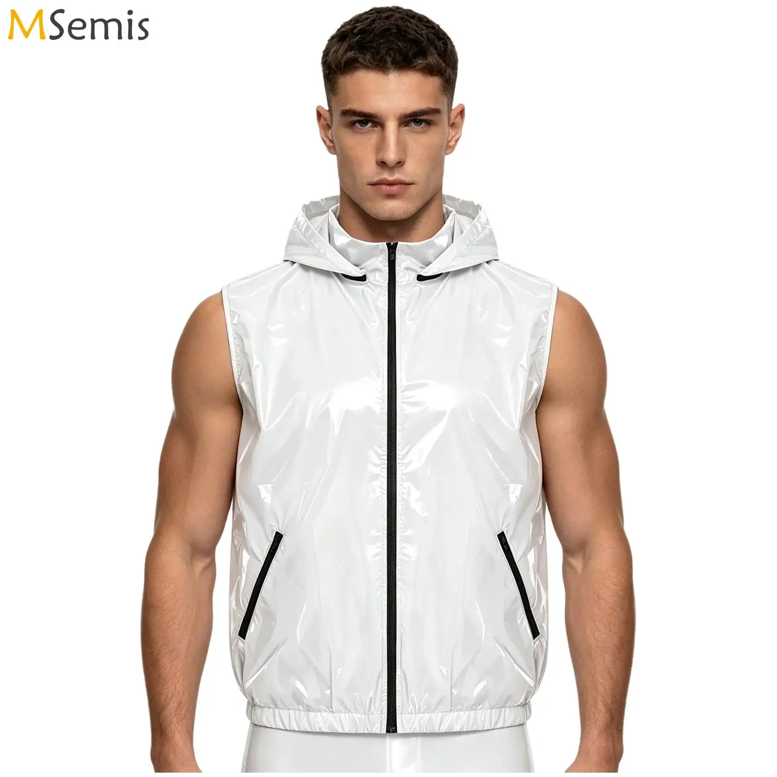 Mens Waterproof Hooded Vest with Detachable Hood Sleeveless Side Zipper Pockets Tank Top Sport Outerwear Training Waistcoat