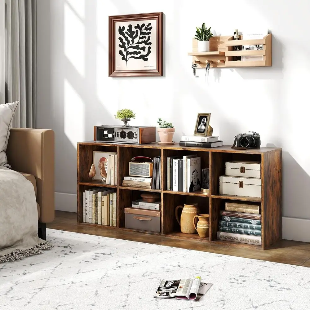 8-Cube Horizontal Bookshelf with 8 Shelves, 2 Anti-Tipping Kits, Rustic Brown Finish for Home and Office Storage