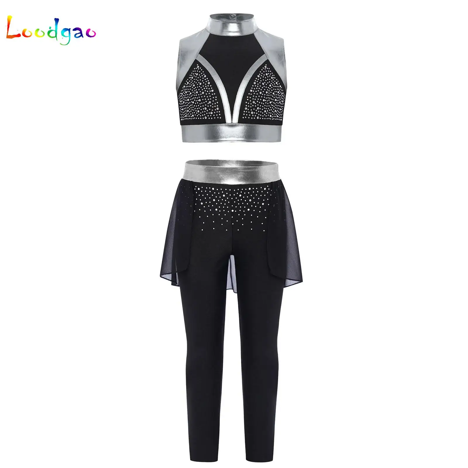 

Modern Dance Crop Top with Overlay Pants Dancewear 2Pcs Set for Girls Kids Lyrical Ballet Jazz Dancer Stage Performance Outfits